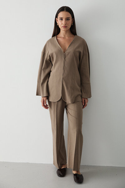 JASTE Women's Mink V-Neck Hidden Button Top & Elastic Pants Linen Bottom & Top Set