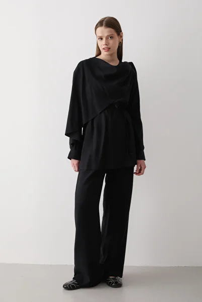 JASTE Women's Black Draped Belted Blouse & Wide Leg Elastic Waist Bottom & Top Set