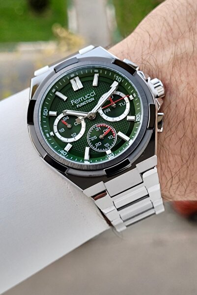 Ferrucci 43 Mm Kadranı Yeşil Kordonu Gümüş Renk İç Göstergeleri Aktif Erkek K...