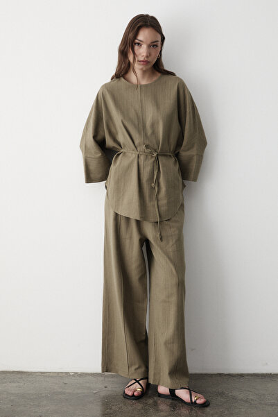 JASTE Women's Khaki Linen Oversize Top Blouse & Elastic Wide Leg Pants Bottom & Top Set