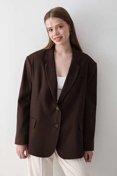 JASTE Kadın Acı Kahve Düğme Detaylı Oversize Blazer Ceket