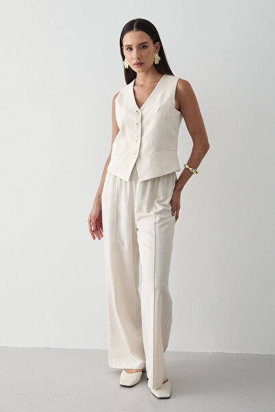 JASTE طقم نسائي من الكتان بسترة بأزرار طبيعية وبنطلون بالازو مطاطي الخصر