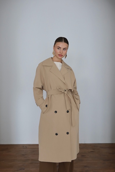 JASTE Women's Beige Double Breasted Collar Lined Trench Coat