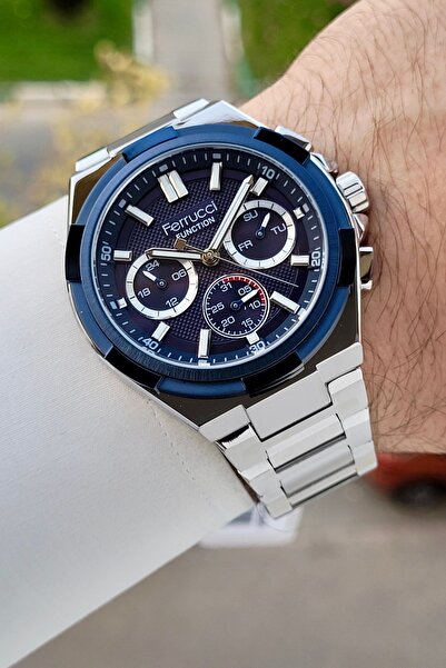 Ferrucci 43 Mm Kadranı Lacivert Kordonu Gümüş Renk İç Göstergeleri Aktif Erkek Kol Saati