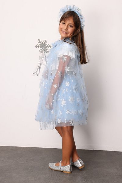 Le Mabelle Blue Snowflake Printed Girl's Cape Asa Crown Set