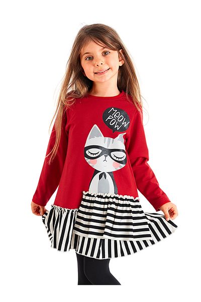 MSHB&G Rotes Meow Pow gestreiftes Mädchenkleid mit langen Ärmeln und Rüschen