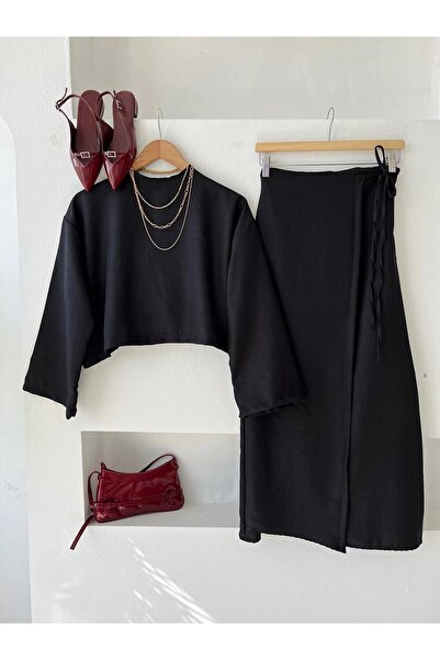 ENDAMIM طقم نسائي رفيع K كتان طقم تنورة وبلوزة برباط، طقم صيفي مطاطي عالي الخ...