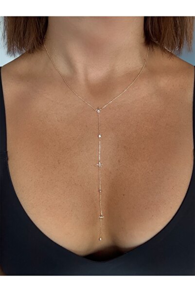 DGK COLLECTİON 14K gold renk, Hipoalerjenik Yıldız Detaylı Y Form Zarif Dekolte Kolyesi 🌟