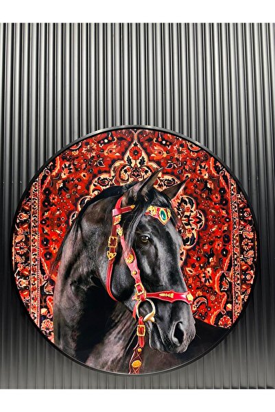 Tablomtr Digital Printed Metal Framed Glass Single Round Decorative Table -Crowned Noir