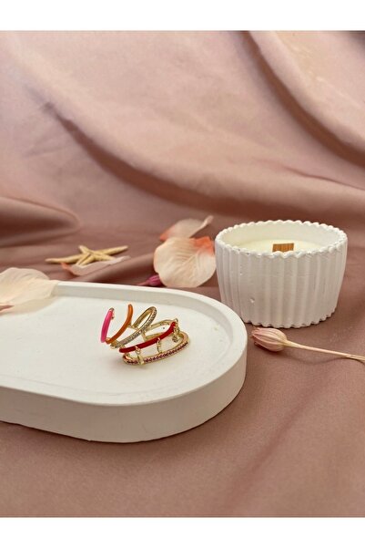 ZENA ACCESSORİES Pirinç Zirkon Taşlı Kırmızı Turuncu Pembe Sıkıştırma Kıkırdak Gold Renk Kadın Küpe