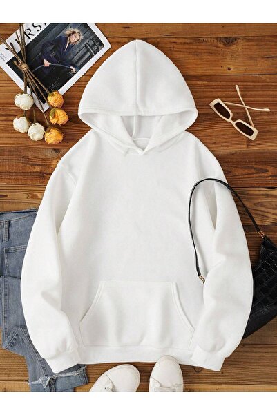 CLAYES Düz Basic Sweatshirt - Beyaz Oversize Kapüşonlu
