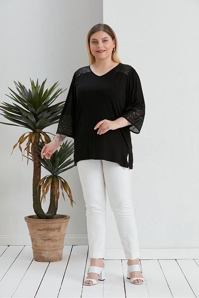 Orly More Viscose Fabric Plus Size Short Sleeve Shoulder and Sleeve Sequin Detailed Mother Combed Cotton Blouse