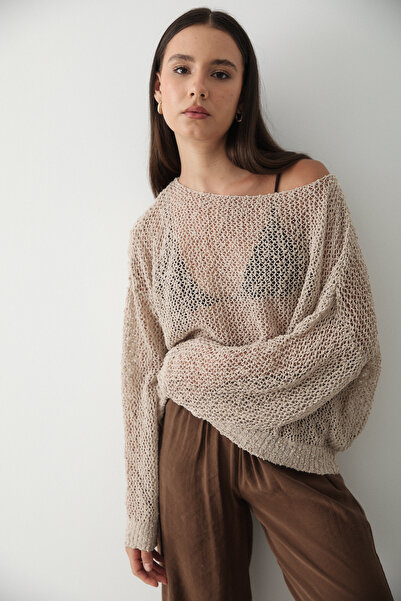 JASTE Kadın Taş File Örgü Düşük Omuz Salaş Yazlık Triko