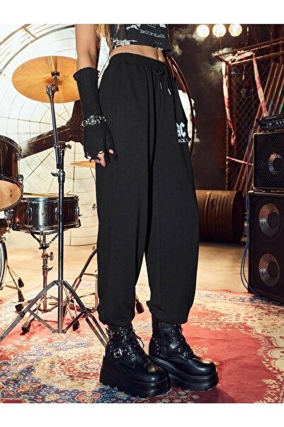 VBSVİBES Γυναικεία μαύρη φούτερ με στάμπα Acdc από καουτσούκ Jogger 2 κλωστές χωρίς υψηλό