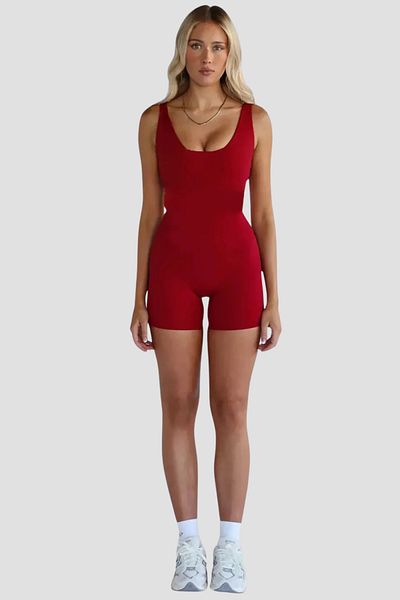 Thestiluxe Deep Back Low-Cut Strap Recovery Sport Shorts Jumpsuit