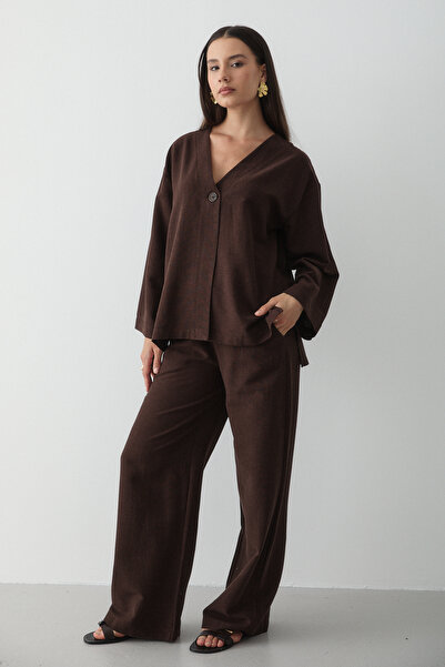JASTE Women's Brown Buttoned V Neck Kimono & Elastic Waist Pants Linen Bottom & Top Set