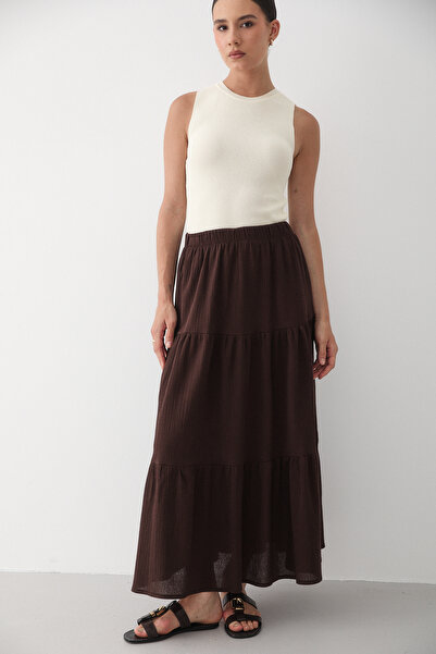 JASTE Women's Brown Layered Gathered Elastic Waist Linen Skirt