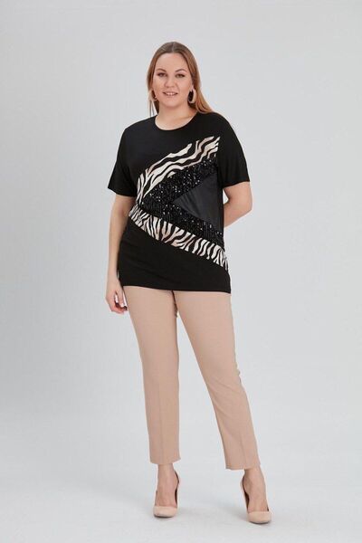 Orly More Βισκόζη ύφασμα Plus Size Μπλούζα με κοντό μανίκι Leopard και λεπτομέρεια με παγιέτες Mother Combed Cotton