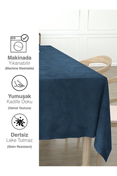 Perle Daily Series Kadife Dokulu Derin Mavi Rengi Masa Örtüsü