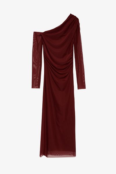 Quzu Asymmetrical Neckline Tulle Midi Dress Plum