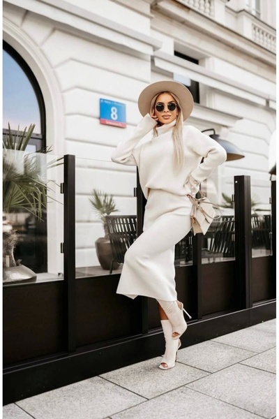 Lusin Női gyöngygombos részletes pulóver szoknya alsó felső kötöttáru szett - krém