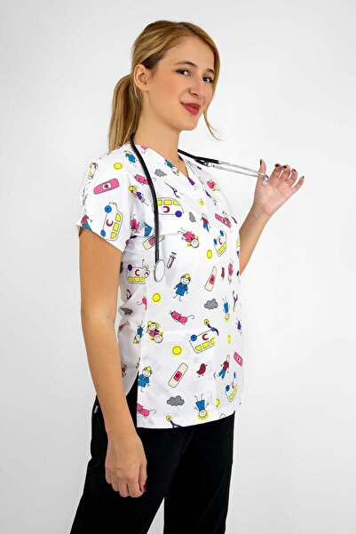 Nur Medikal Giyim Unisex Yara Bandı Desenli Doktor Hemşire Hastane Acil Servis Scrubs Tek Üst Forma