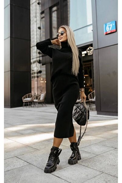 Lusin Női gyöngygombos részletes pulóver szoknya alsó felső kötöttáru szett - fekete