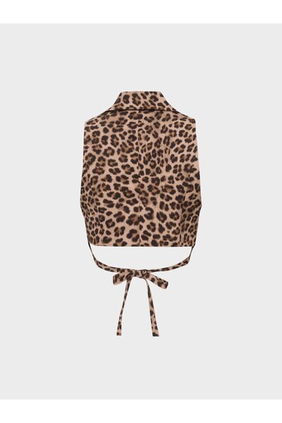 RİVUS Low-Cut Waist Vest with Back Tie Detail - Leopard