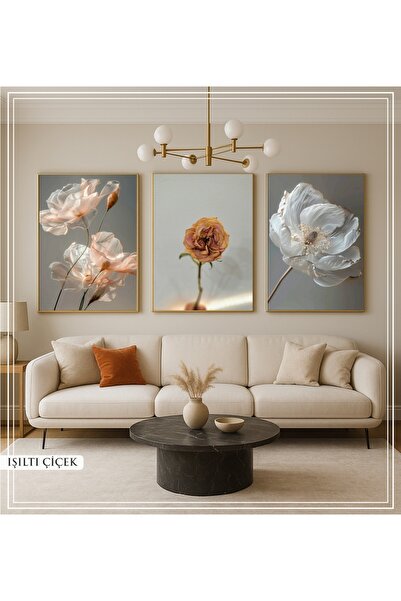 Tablomtr Dijital Baskılı Gold Metal Çerçeveli Gerçek Camlı 3'lü Dekoratif Tablo -Işıltı Çiçek