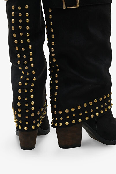 LOJO Női arany Troklu öv részletesen kidolgozott sarkú, alkalmi csizma, Oslos fekete velúr