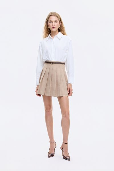 Quzu Suede Skirt Garnished Belt Accessory Mini Dress Beige