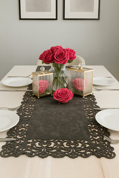 Ergüven Home Runner Tesatura din piele intoarsa gri inchis 40x140 Cm Lungime Masa - Model dreptunghiular