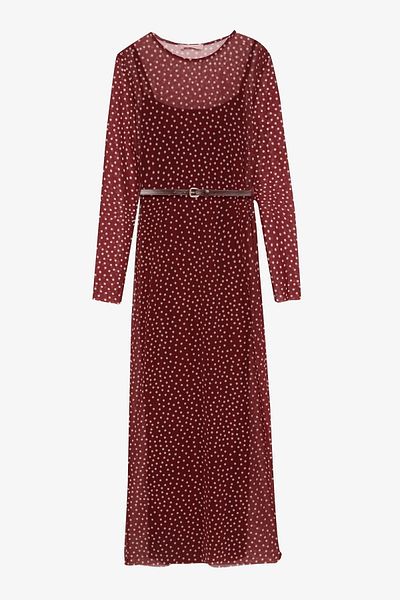 Quzu Polka Dot Transparent Midi Dress Plum with Belt Accessories