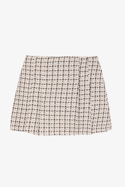 Quzu Plaid Pleat Detailed Tweed Mini Skirt Beige