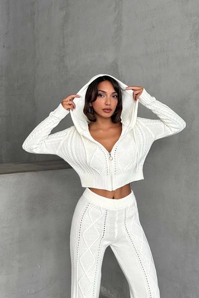 Lusin Women's Hooded Zippered Crop Cardigan Pants Bottom Top Knitwear Set - Ecru S/M