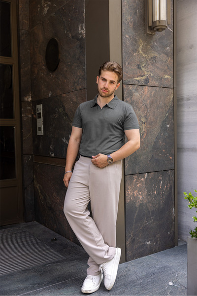 COMBİNE MİCHAİL Men's 100% Cotton Smoked Polo Neck T-Shirt