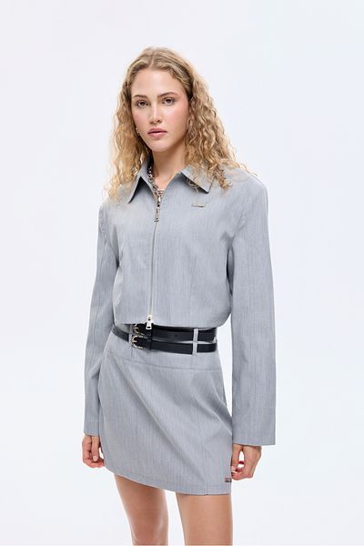 Quzu Shirt Collar Zippered Short Jacket Gray