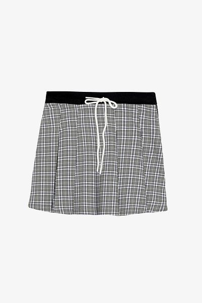 Quzu Plaid Patterned Waist Lace-Up Pleated Mini Skirt Gray