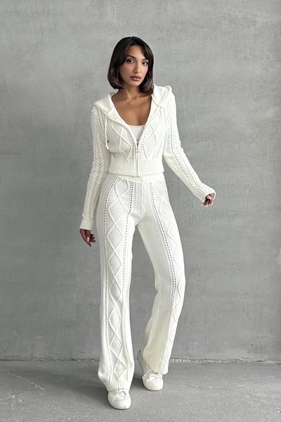 Lusin Women's Hooded Zippered Crop Cardigan Pants Bottom Top Knitwear Set - Ecru S/M