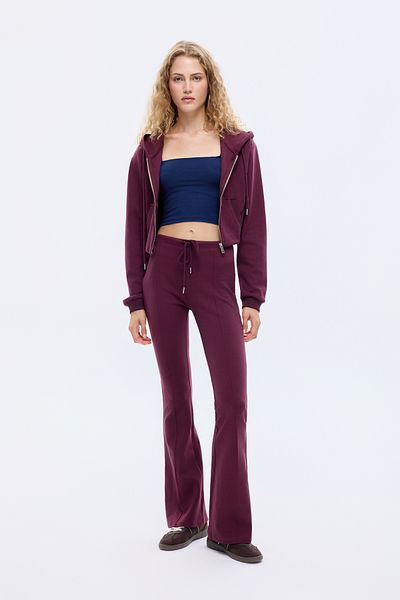 Quzu Belted Lace-Up Detail Spanish Leg Trousers Burgundy
