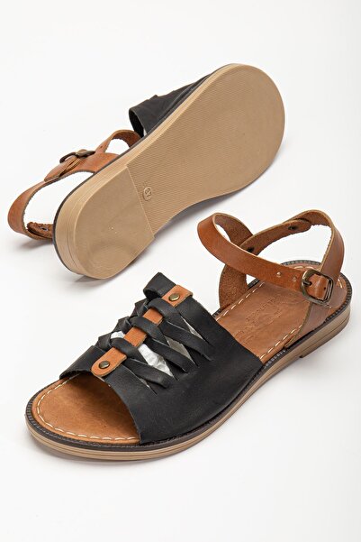 MaskButik Mıcra Genuine Leather Sandals Tan-Black