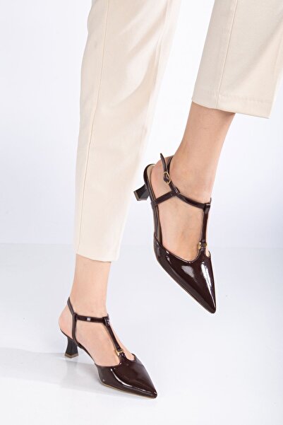 MaskButik Tegan Patent Leather Brown Heeled Shoes