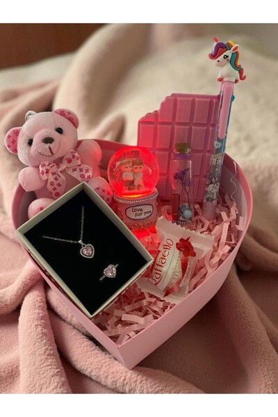 miraybutikhediyelikesya Sevgiliye Hediye, Pembe kalp hediye kutusu, kolye, bi...