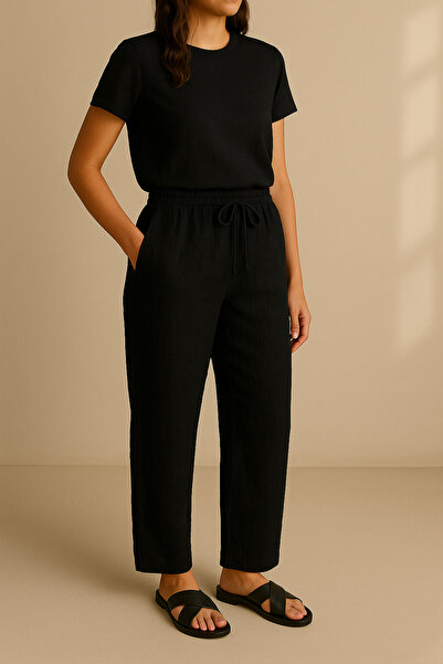 LEGS STAR Women's Black Sofia Linen Double Pocket Wide Leg Trousers