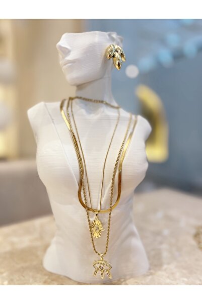 GIFTPALACE Özel Tasarım 14 K Altın Rengi Paslanmaz Kararmaz Çelik 3 lü Kolye