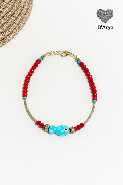 Darya Dd326 Red Beaded Gold Anklet with Blue Fish Figure Handmade
