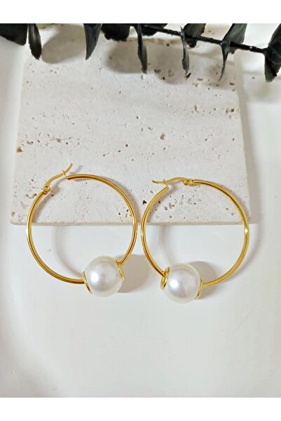 mos&more Paslanmaz Çelik İncili Gold Halka Kadın Küpe