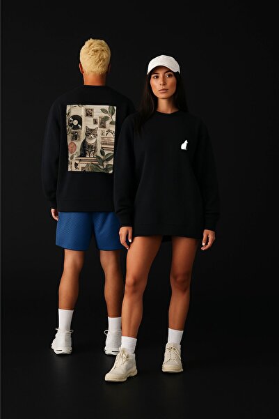 By Caspita Fashion سويت شيرت أسود كبير الحجم مطبوع عليه قطة من Lenithra للجنسين