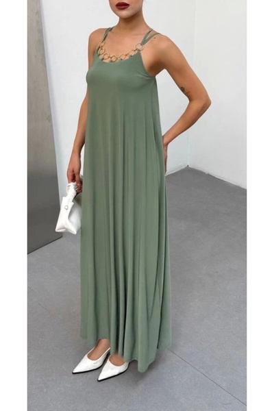 Silerra Women's Shoulder Strap Bird's Eye Chain Detail Sandy Fabric Maxi Size Dress