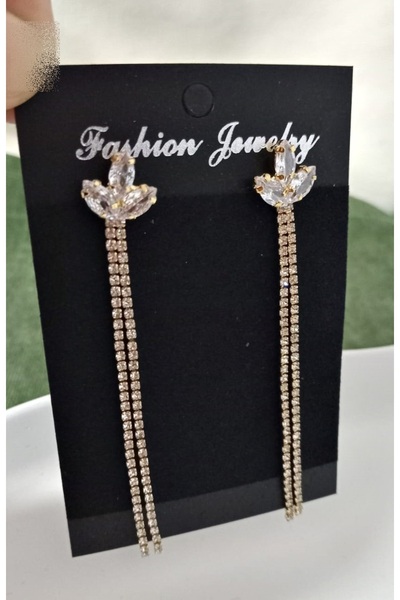 mos&more Gold İnce Taşlı Yaprak Uzun Abiye Kadın Küpe